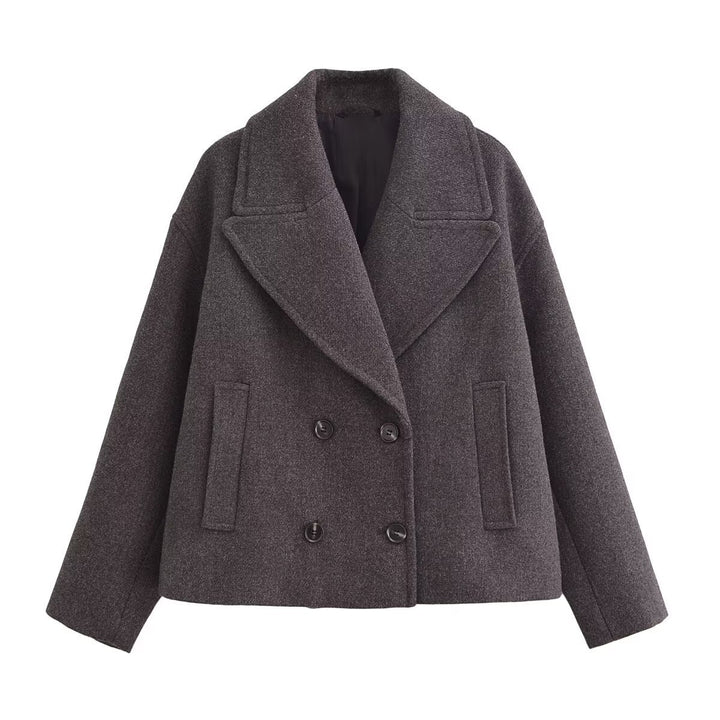 Women short cut wool blend peacoat with wide lapels and side pockets Mune Fashion