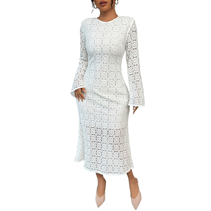 Ladies' midi dress made of crochet lace with a fitted silhouette, trumpet sleeves, and flared hem Mune Fashion