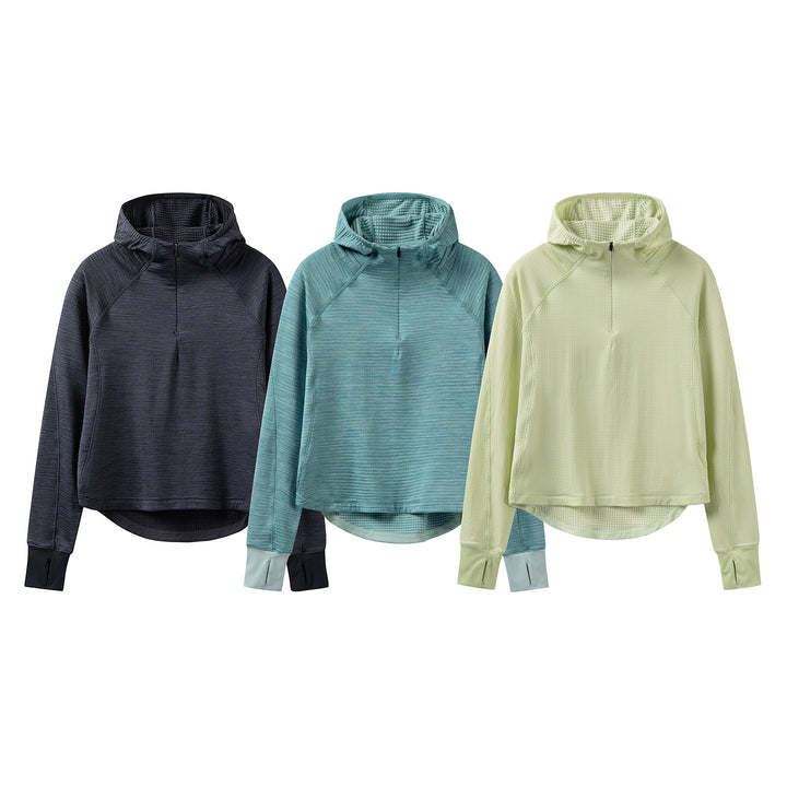 Women’s Hooded Half-Zip Pullover with Waffle-Lined Inner Hood, Thumbholes, and Extended Back Partie Mune Fashion