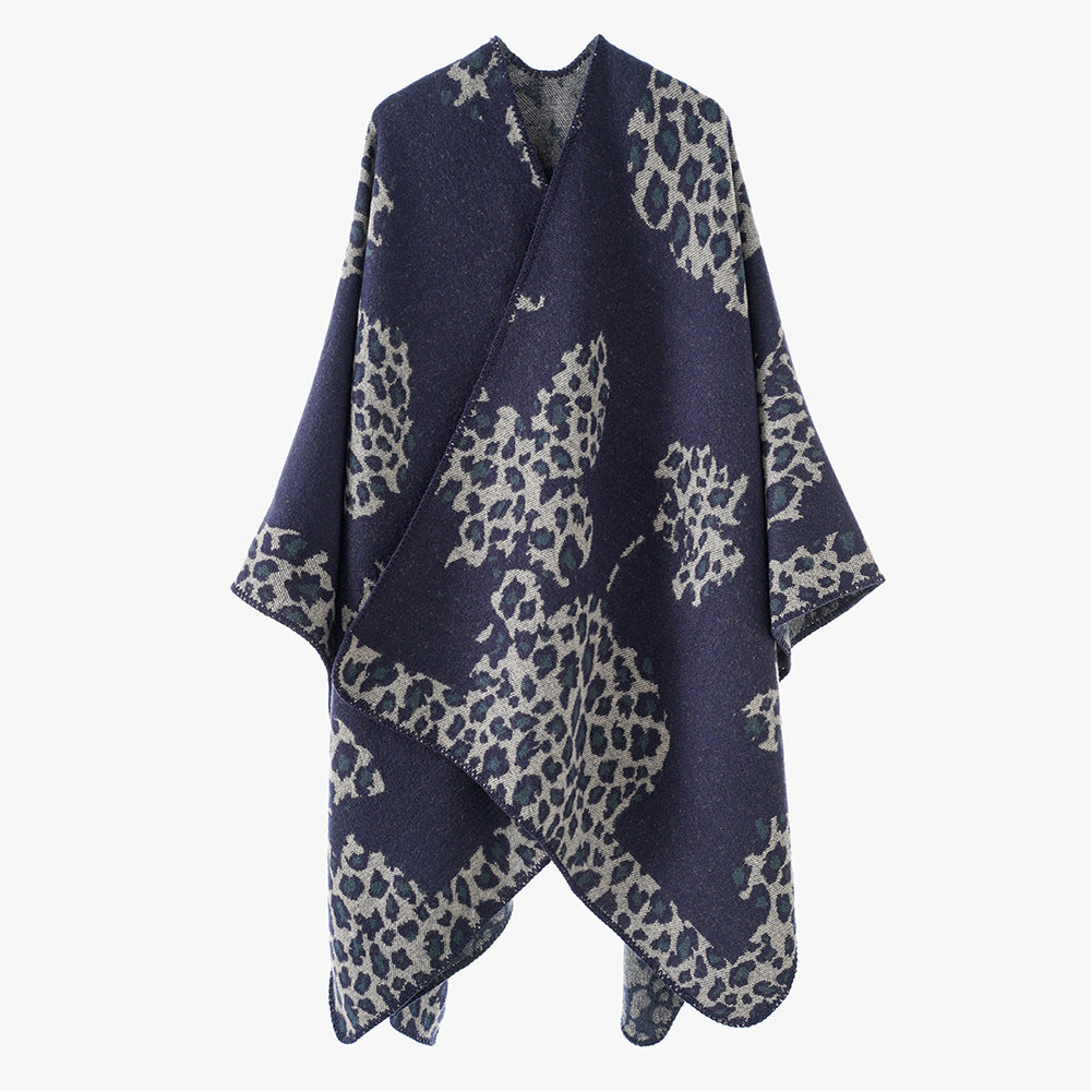 Women's wool look throw with woven leopard jacquard and open pointed edge Mune Fashion