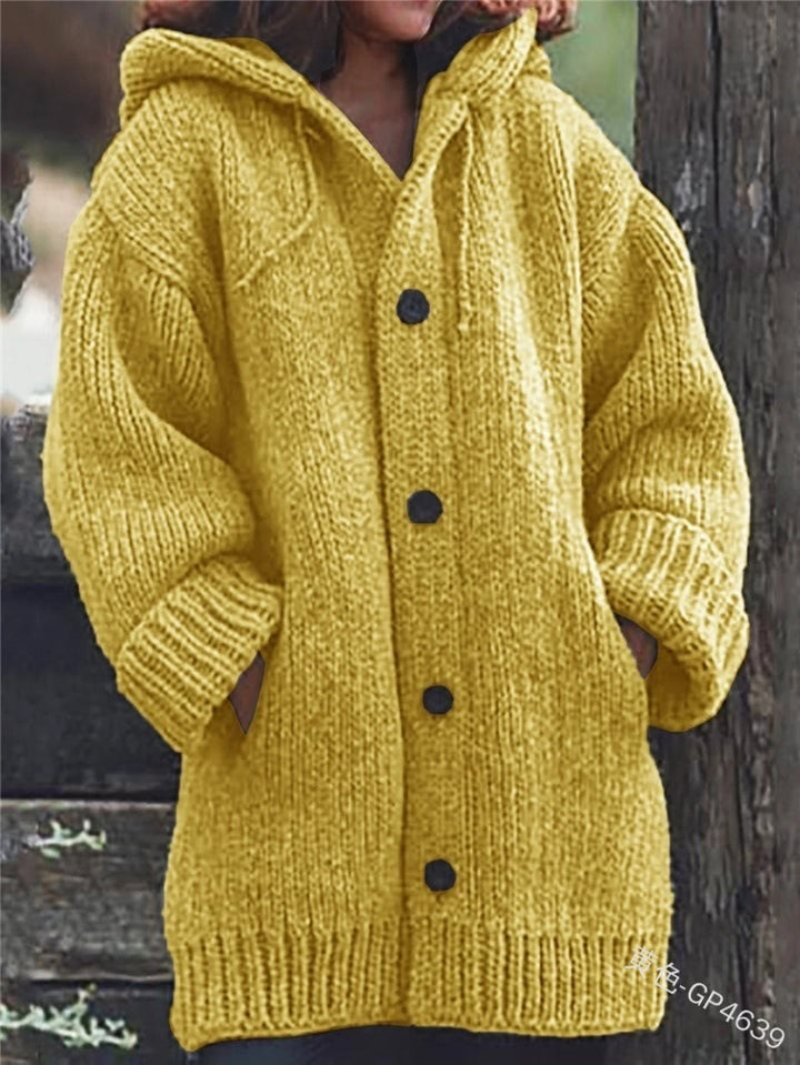 Women's loose-fitting hoodie knit coat with button placket and side pockets Mune Fashion