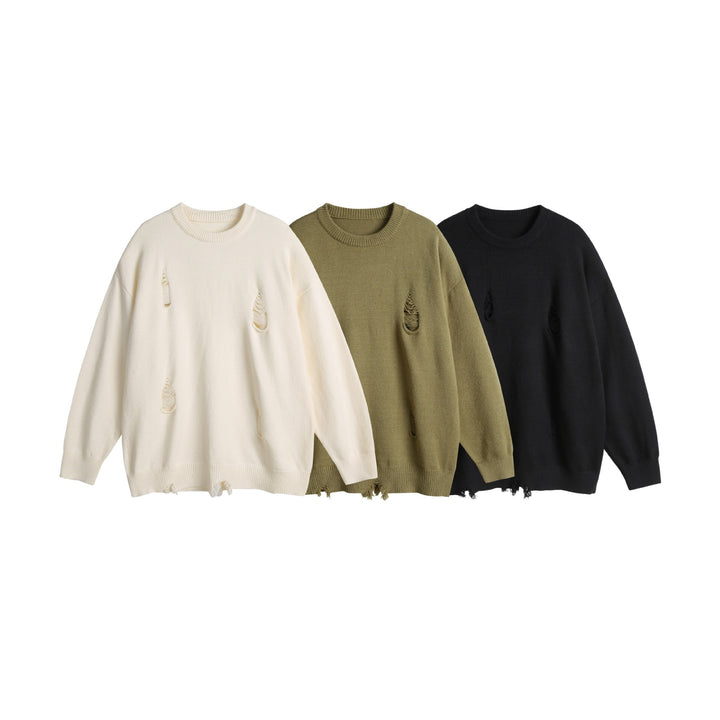 Unisex Oversize Knit Sweater with Destroyed Detail and Ribbed Cuffs Mune Fashion
