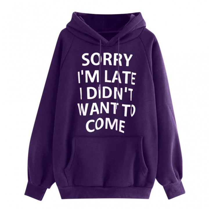 Women Loose Hoodie with Statement Print, Kangaroo Pocket and Raglan Sleeves Mune Fashion
