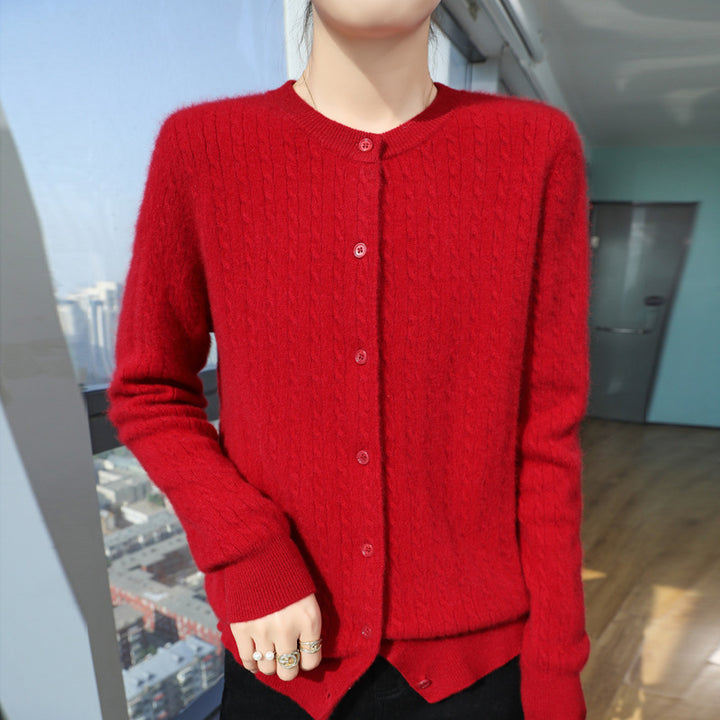 Ladies Short-cut Fine Knit Cardigan with Subtle Structure and Round Neck Mune Fashion