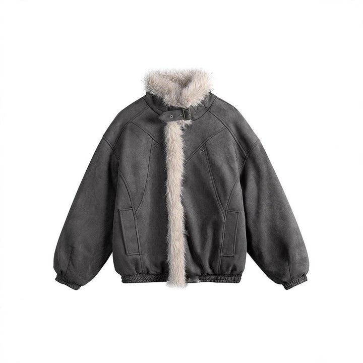 Women's short-cut bomber jacket in lambskin look with high stand-up collar and faux fur trim Mune Fashion