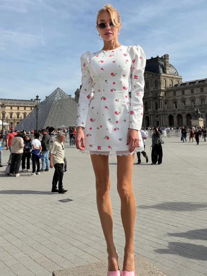 Women's Tailored Floral Mini Dress with Balloon Sleeves and Lace Trim Mune Fashion