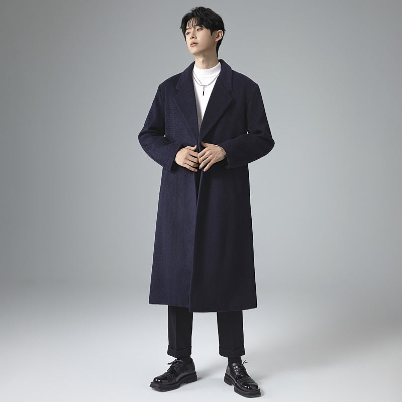 Men's Maxi-Length Wool Blend Coat with Concealed Button Placket and Draped Shawl Collar Mune Fashion