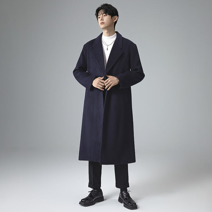 Men's Maxi-Length Wool Blend Coat with Concealed Button Placket and Draped Shawl Collar Mune Fashion