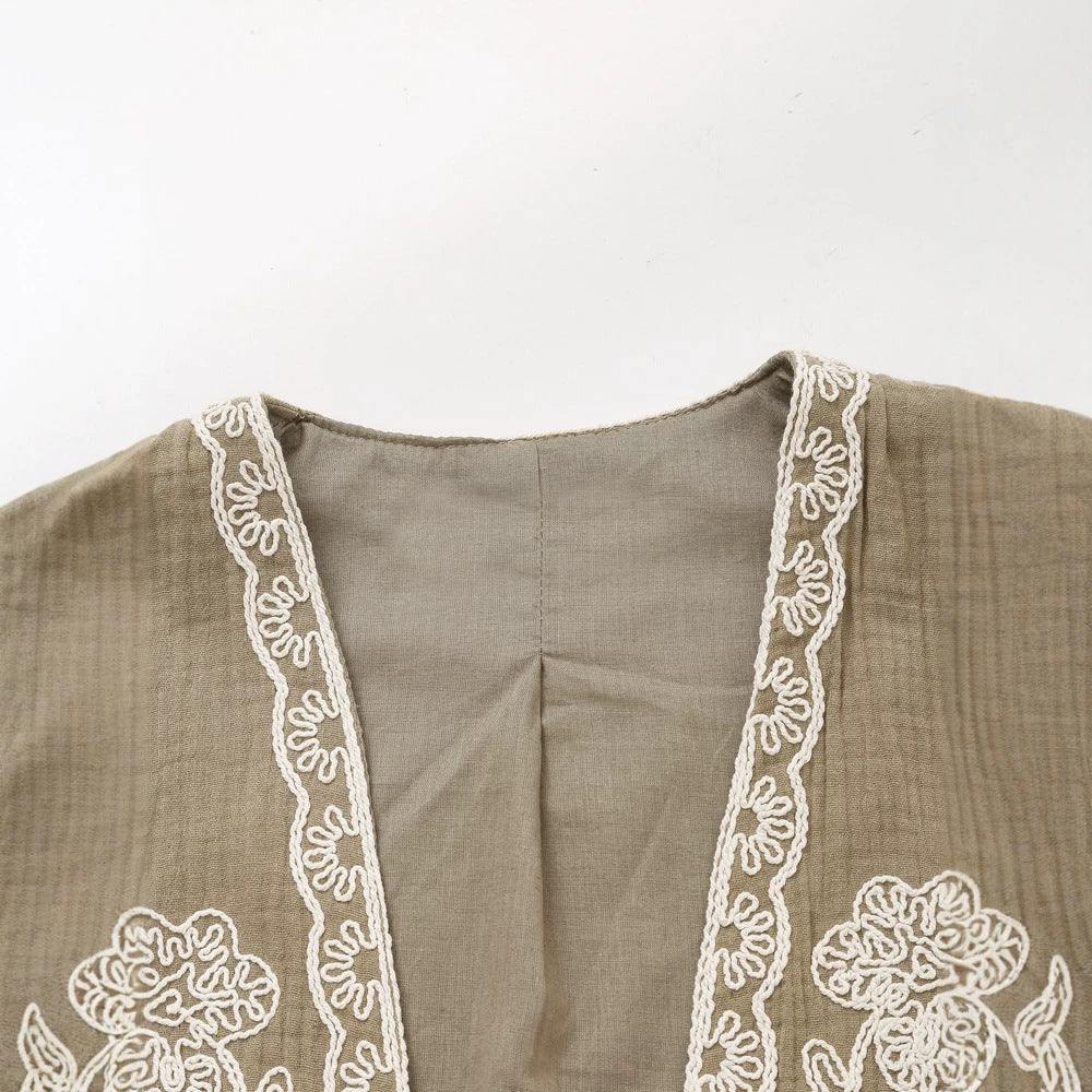 Women's Sleeveless Linen Vest with Floral Relief Embroidery and Open Front Mune Fashion