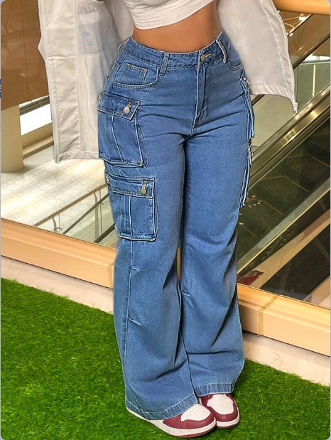 Women's Cargo Denim Pants with Wide Leg, High Waist & Multifunctional Flap Pockets Mune Fashion