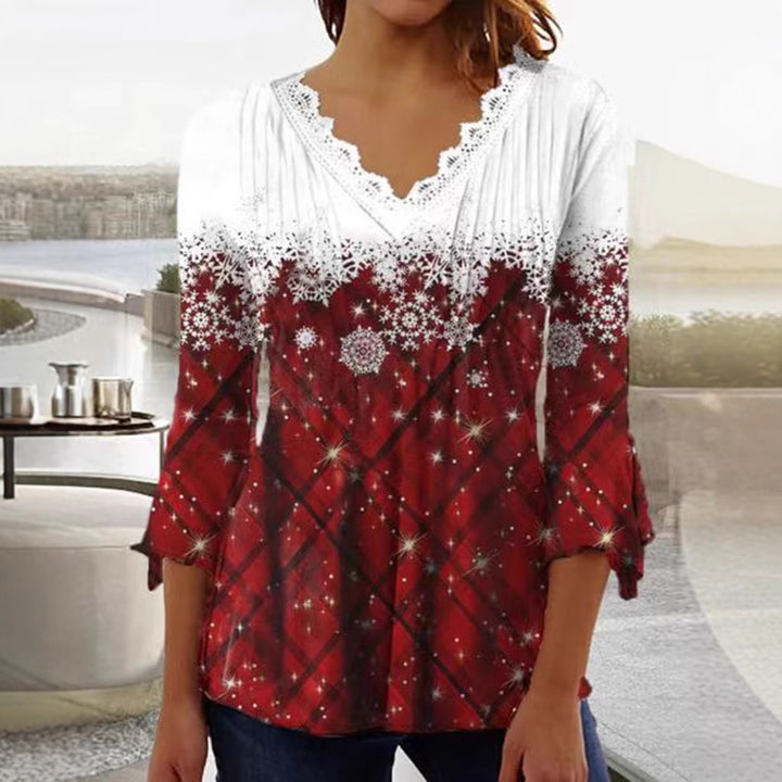 Women's Tunic blouse with lace V-neck, fine pleated yoke and wintry snowflake print Mune Fashion