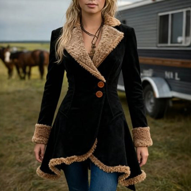 Women's nano tailored coat with faux fur trim, velvet structure, and flared hem Mune Fashion