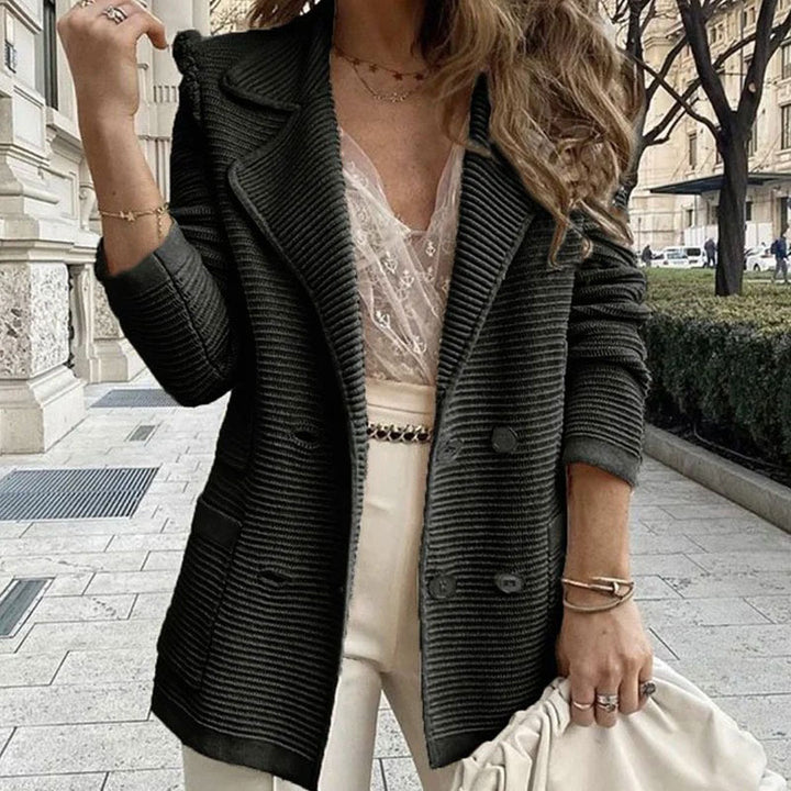 Women Structured Knit Blazer with Lapel Collar and Double Button Placket Mune Fashion