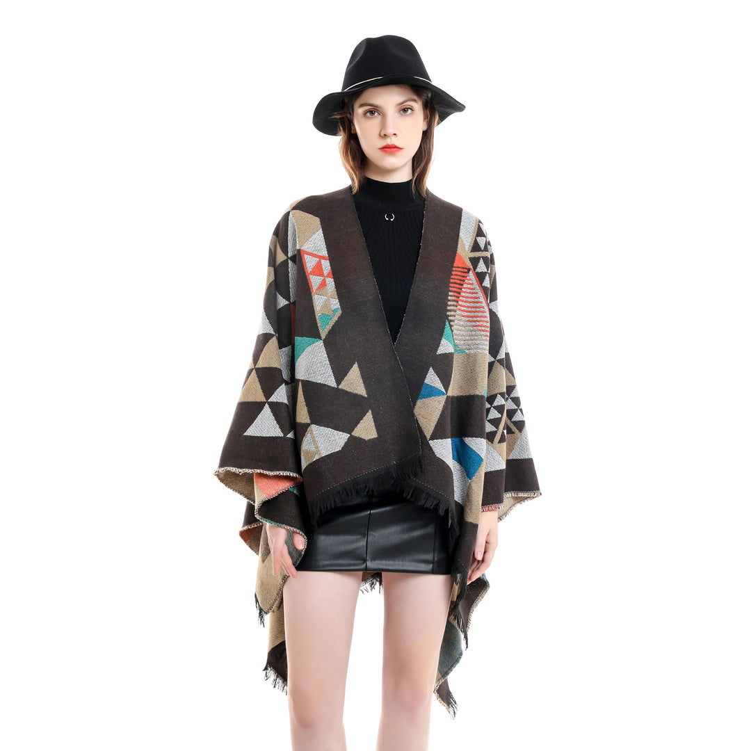Women's oversized ruana in jacquard wrap style with triangular pattern and fringe hem Mune Fashion