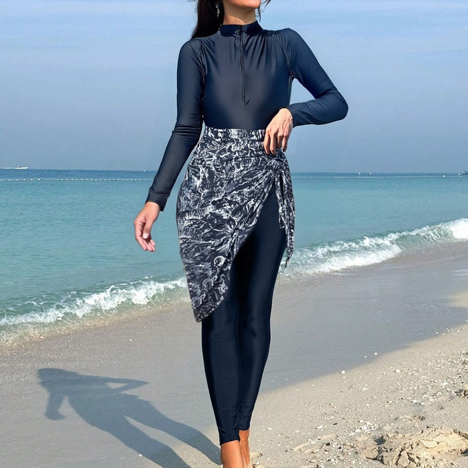 Women's Sporty Long Sleeve Swimwear with Wrap Skirt Mune Fashion