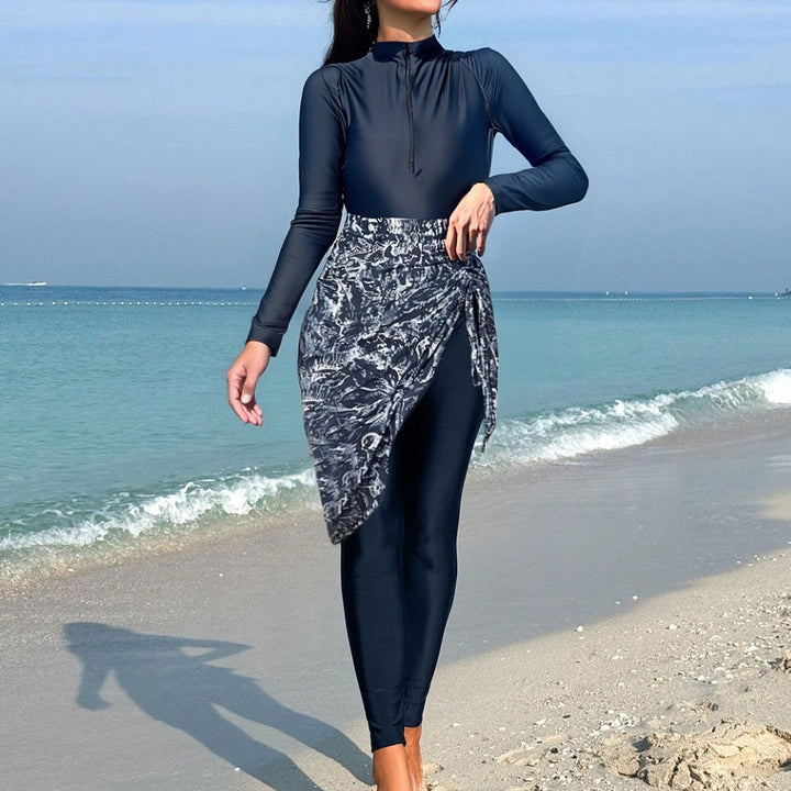 Women's Sporty Long Sleeve Swimwear with Wrap Skirt Mune Fashion