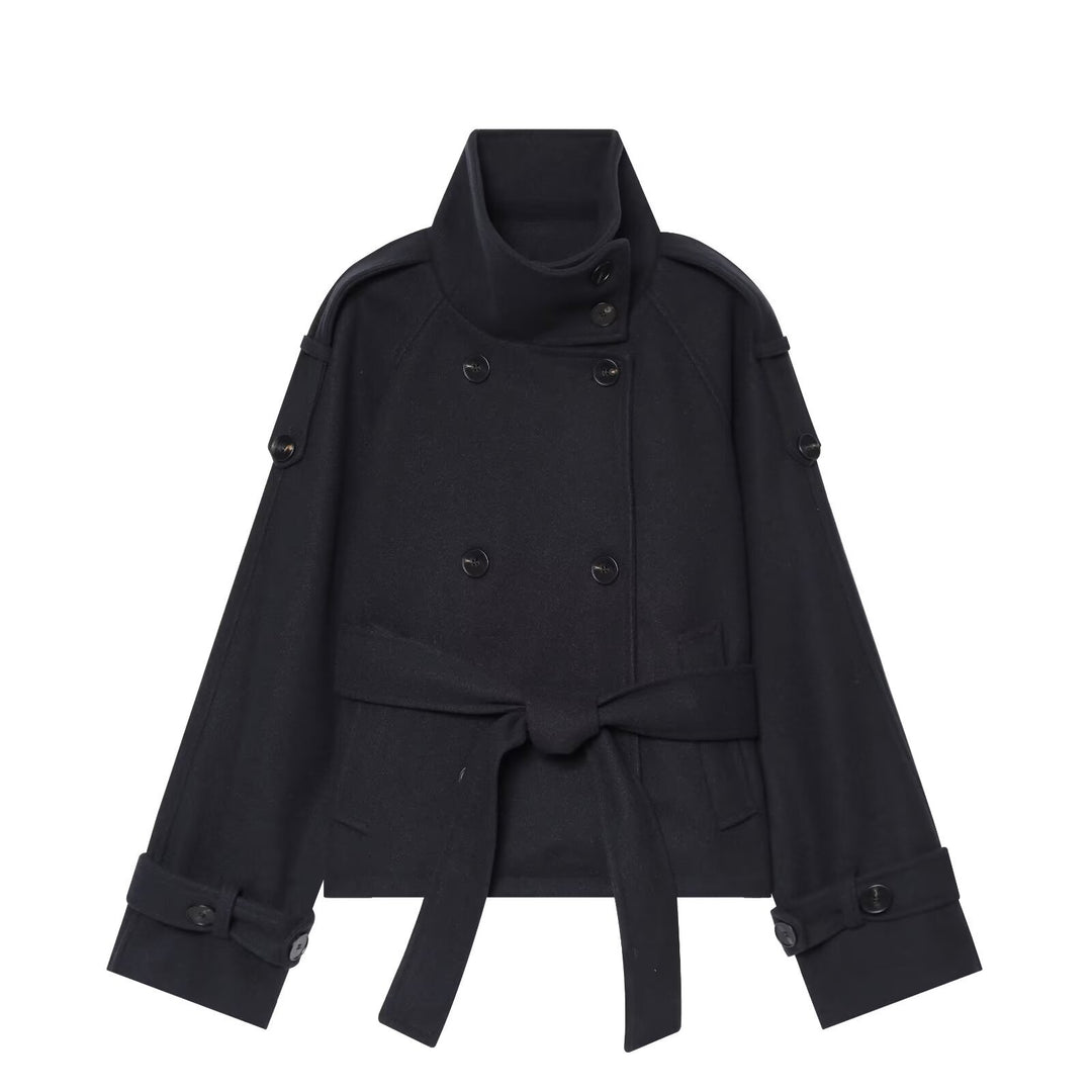 Ladies short cape jacket made of wool blend with high standing collar, double-breasted and tie belt Mune Fashion