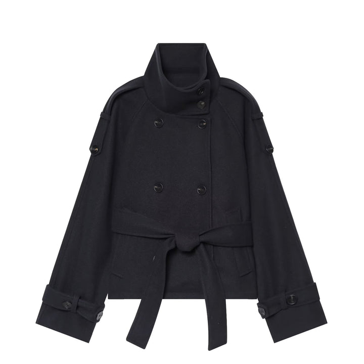 Ladies short cape jacket made of wool blend with high standing collar, double-breasted and tie belt Mune Fashion