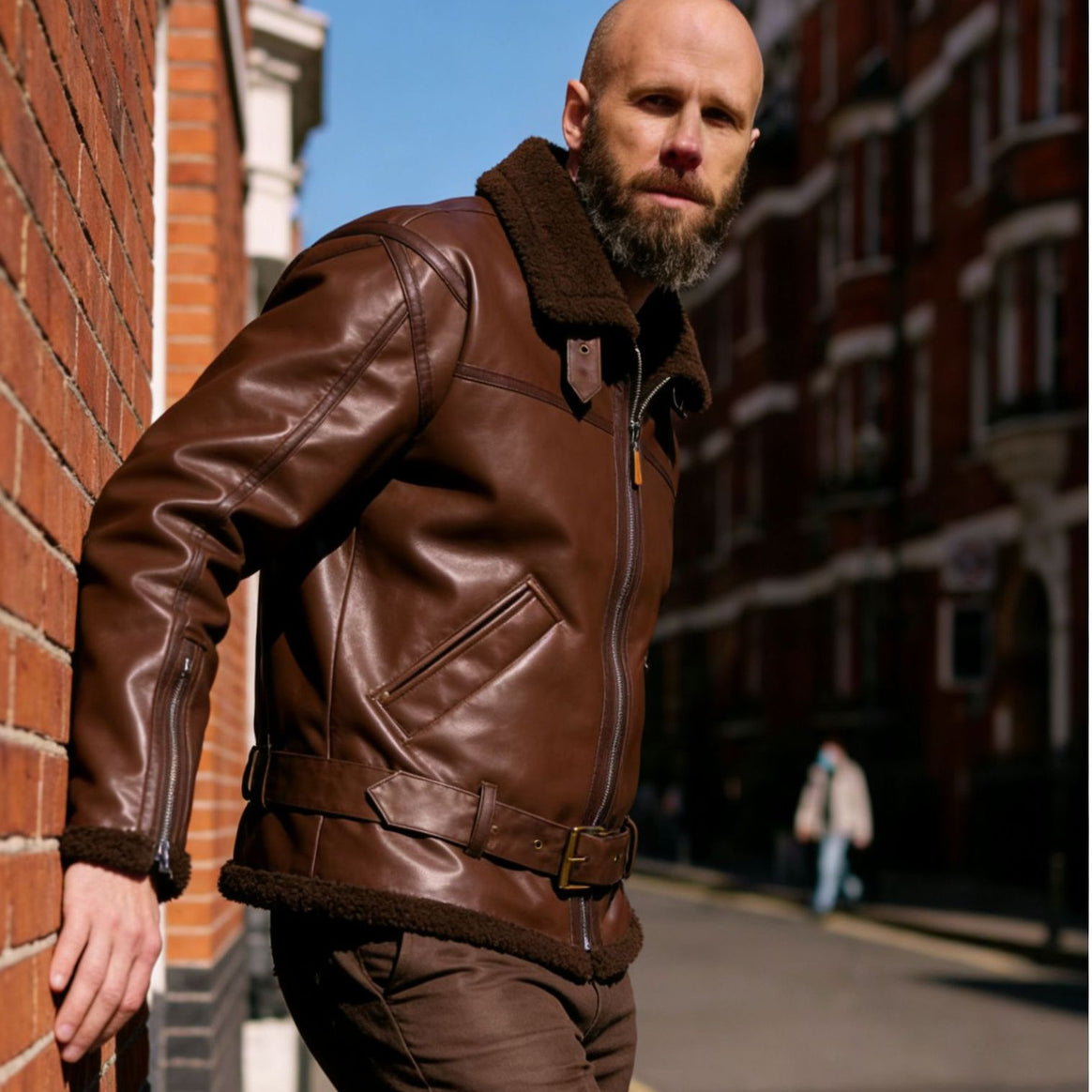 Men's Faux Leather Flight Jacket with Teddy Lining, Zippers and Stand Collar Mune Fashion