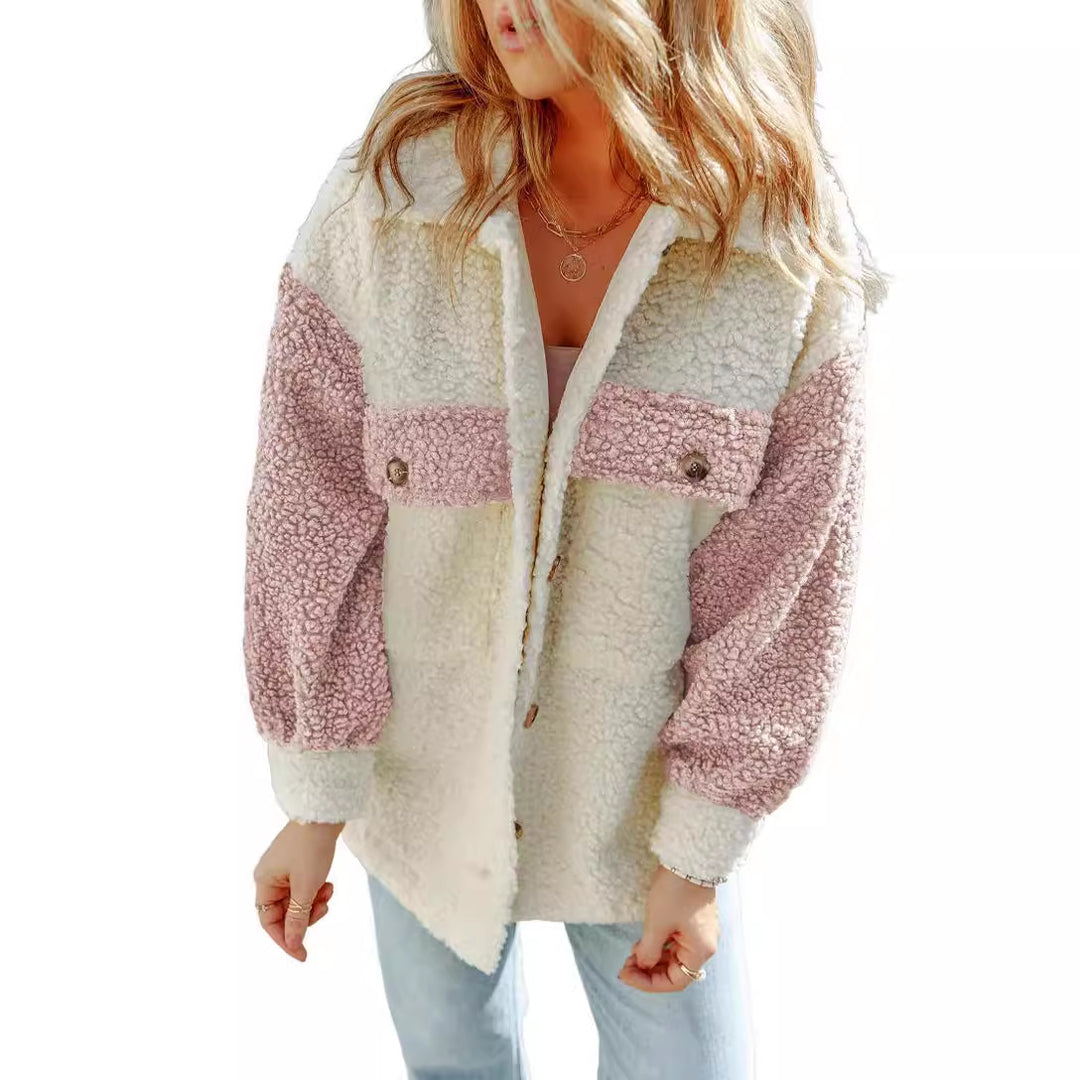 Women's oversized Teddy shirt jacket with contrast stripes, applied chest pockets and visible button placket Mune Fashion