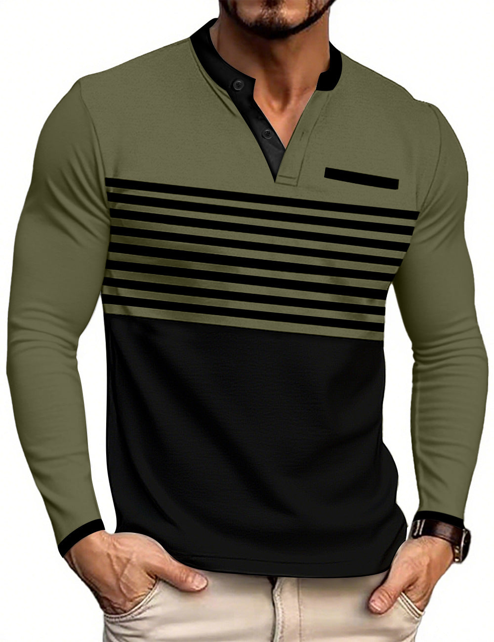 Men's modern long sleeve polo with Henley placket striped chest part and stand-up collar Mune Fashion
