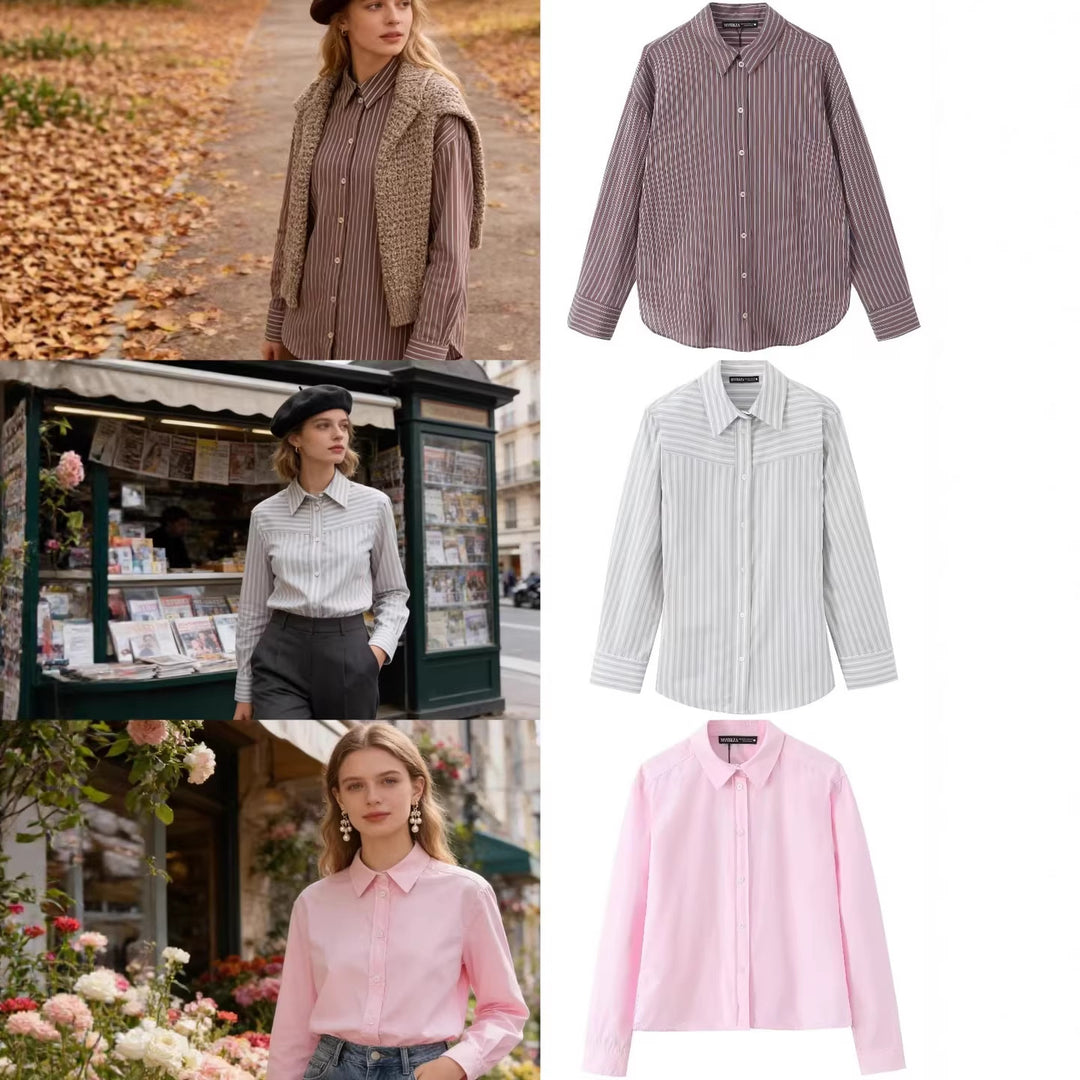 Women Striped Blouse with Western Yoke and Kent Collar Mune Fashion