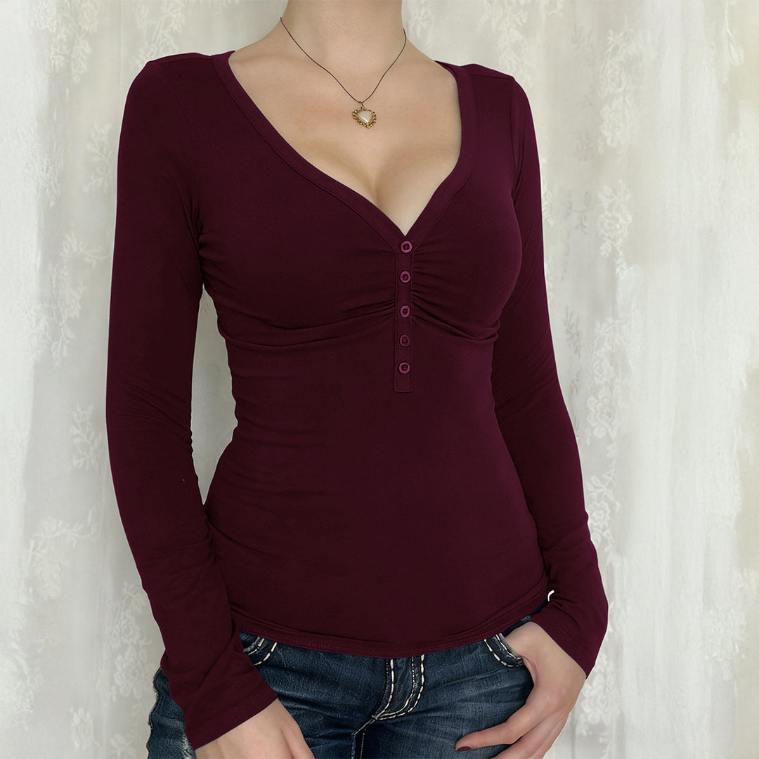 Women's tailored long-sleeve shirt with gathered button placket and deep V-neck Mune Fashion