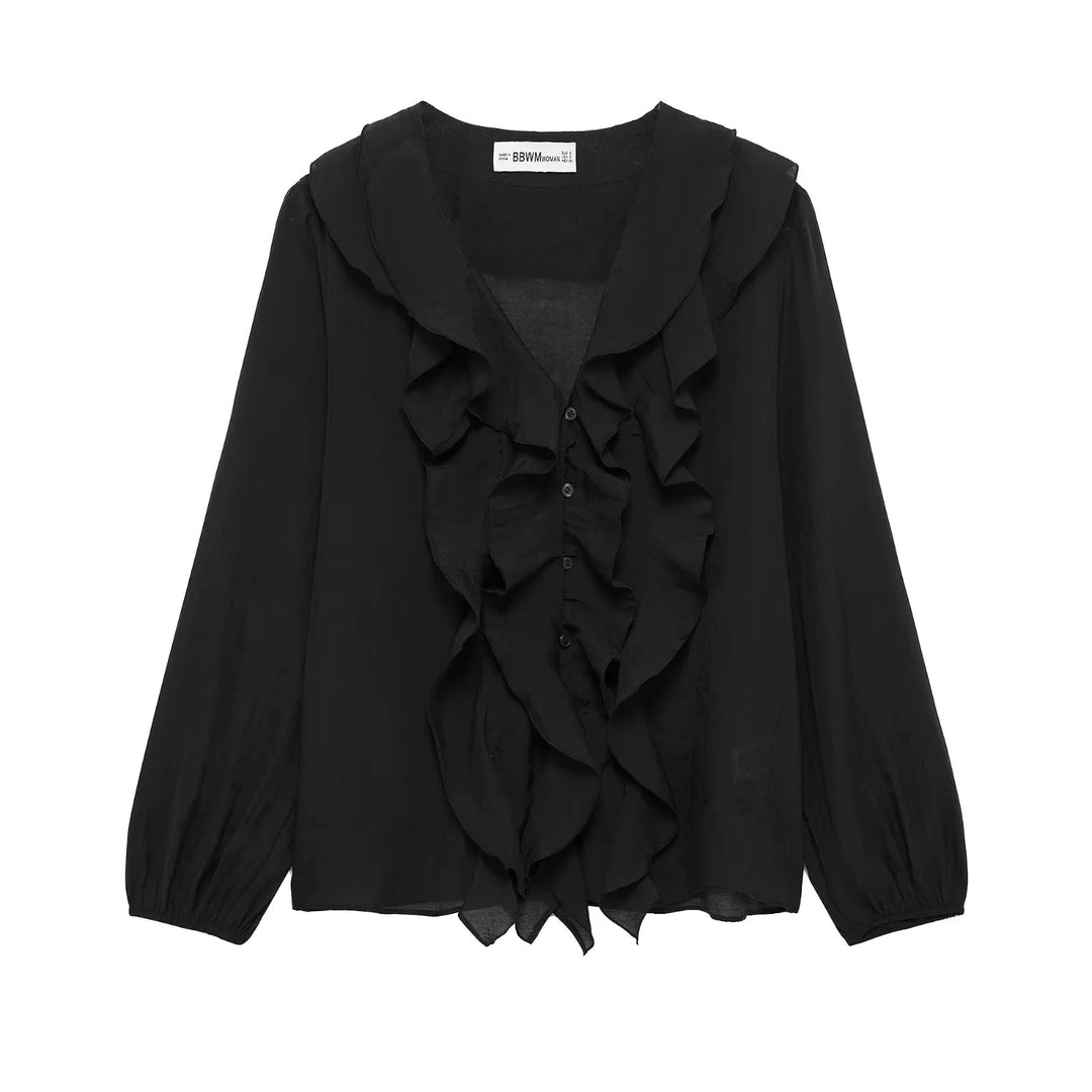 Women ruffled chiffon blouse with V-neck, continuous button placket and ruffle details Mune Fashion