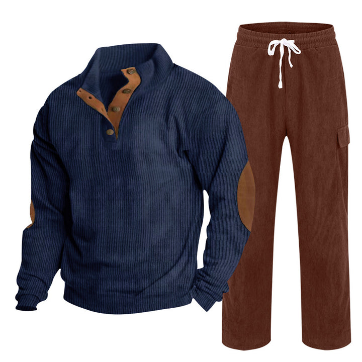Men's Cozy Leisure Set made of Waffle Knit Henley with Elbow Patch and Relax Cargo Pants Mune Fashion