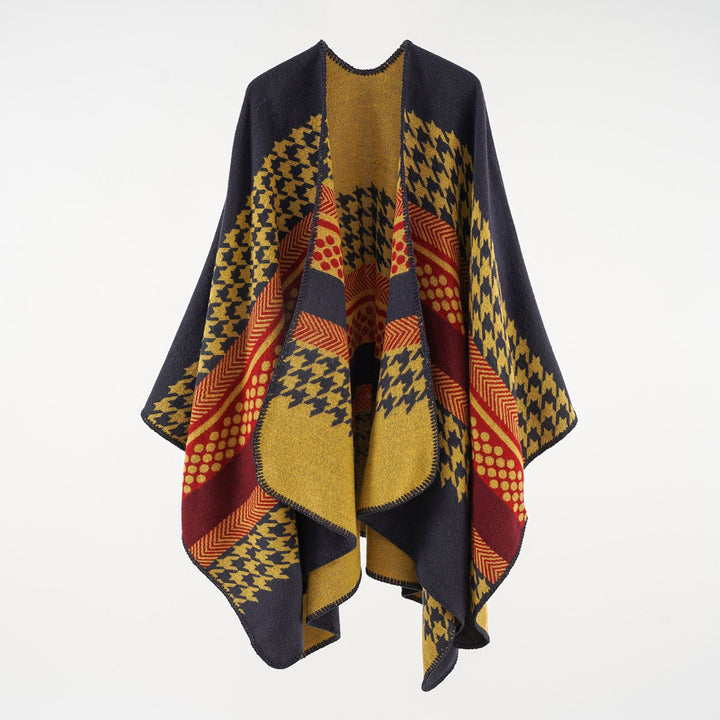 Women's Cozy Oversized Cape Poncho made of Wool Blend with Houndstooth and Graphic Jacquard