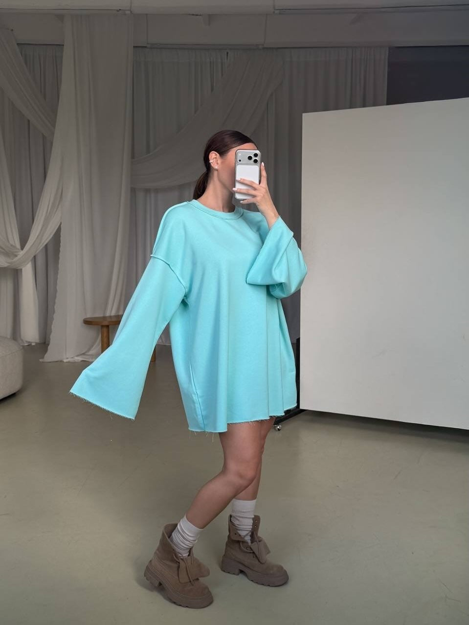 Women Oversized Sweater Dress with Wide Trumpet Sleeves Mune Fashion