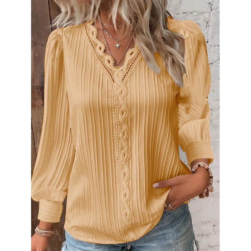 Women Pleated V-Neck Blouse with Lace Trim and Balloon Sleeves Mune Fashion