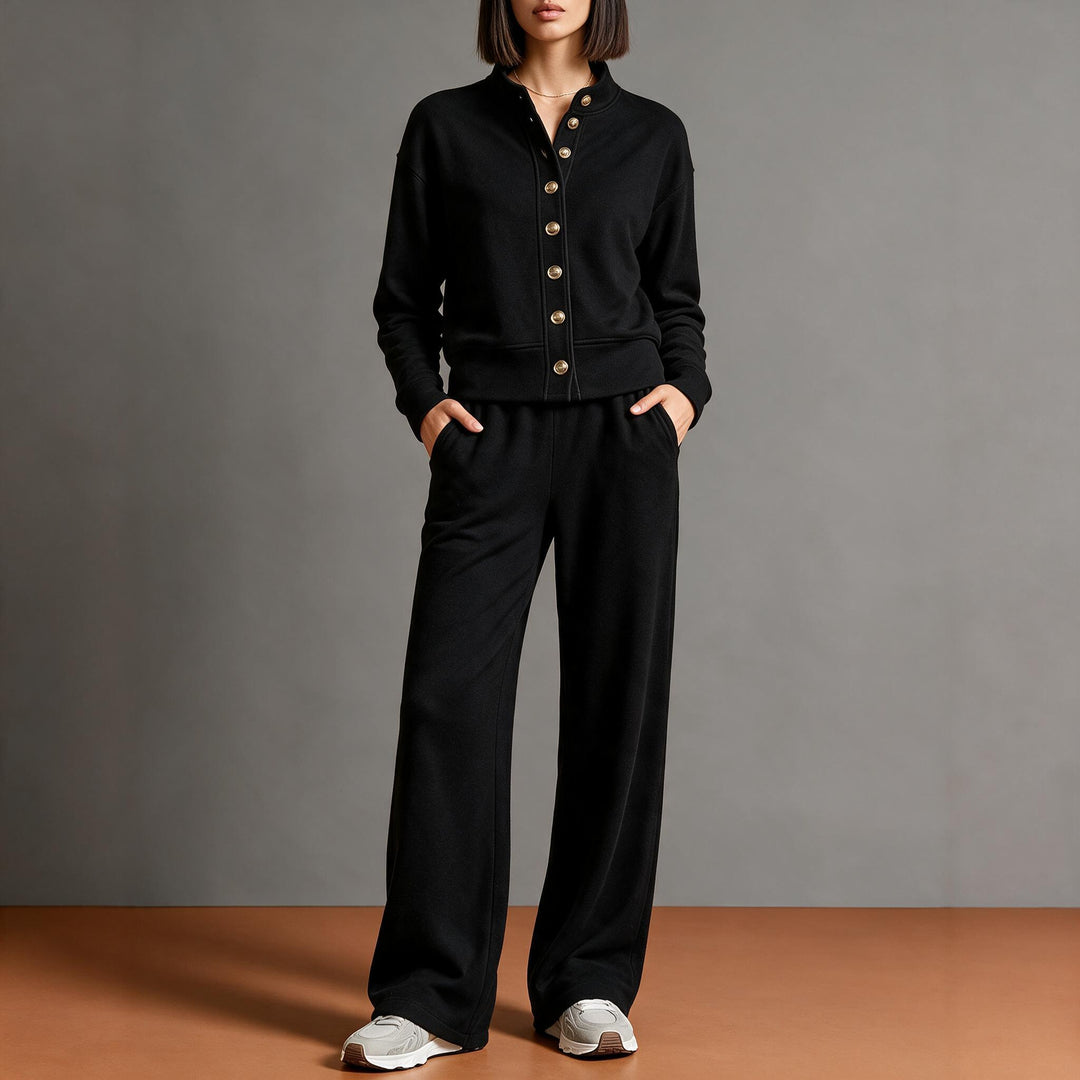 Women's sweat jacket with snap button placket, standing collar, and soft lounge cut Mune Fashion