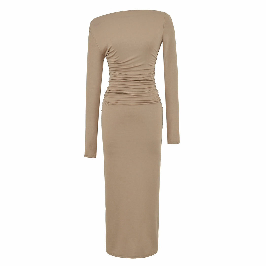 Women One-Shoulder Midi Dress with Long Sleeve and Side Gathering Mune Fashion