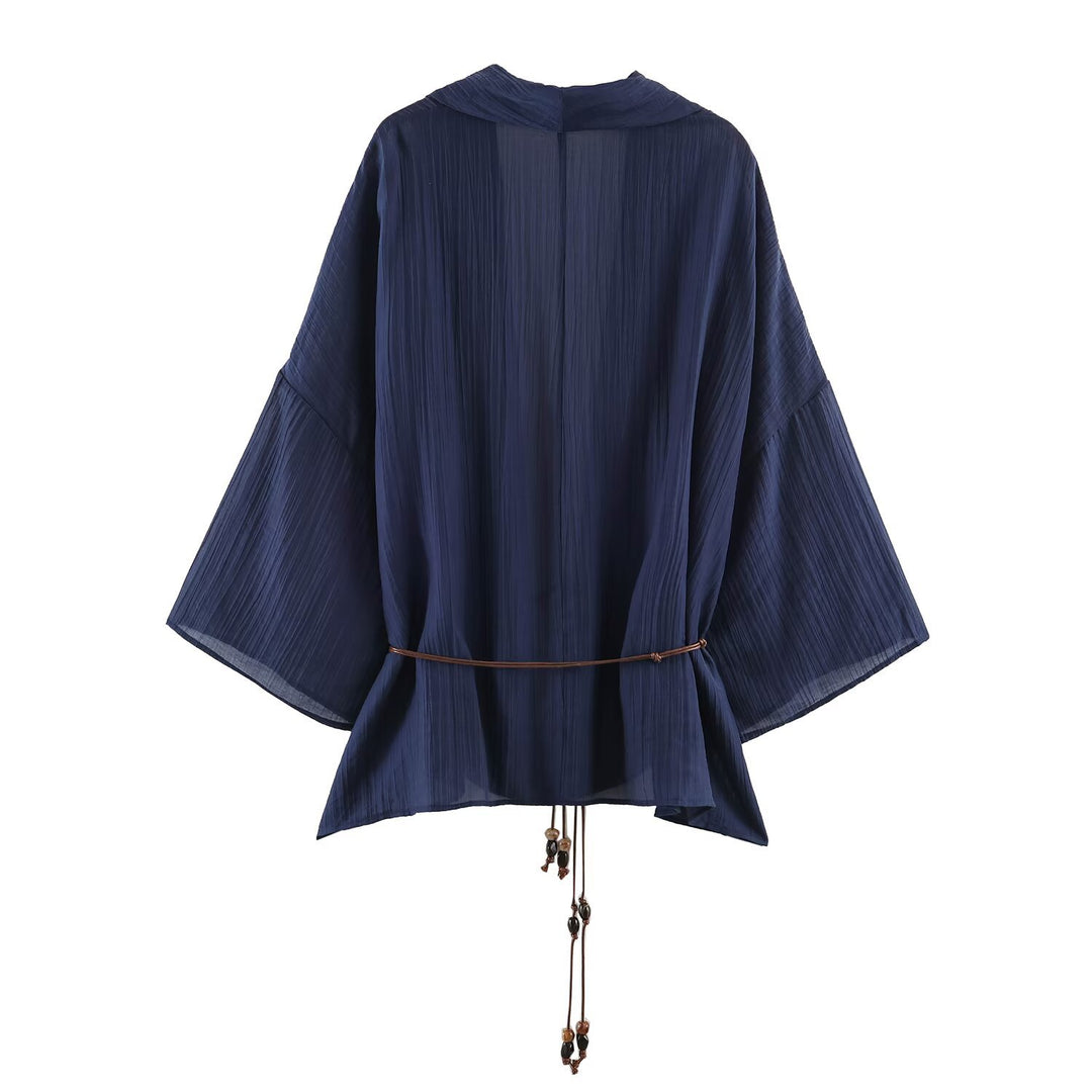 Women Pleated Oversized Kimono with Hip Cord and Trumpet Sleeves Mune Fashion