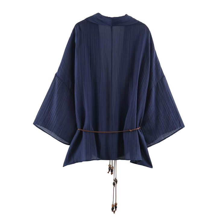 Women Pleated Oversized Kimono with Hip Cord and Trumpet Sleeves Mune Fashion