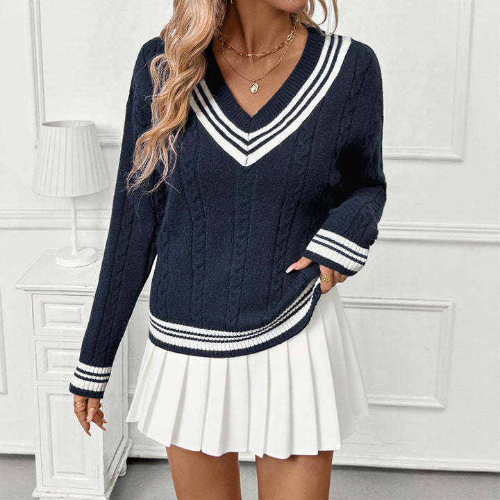 Women's Sporty Knit Sweater with V-Neck Mune Fashion