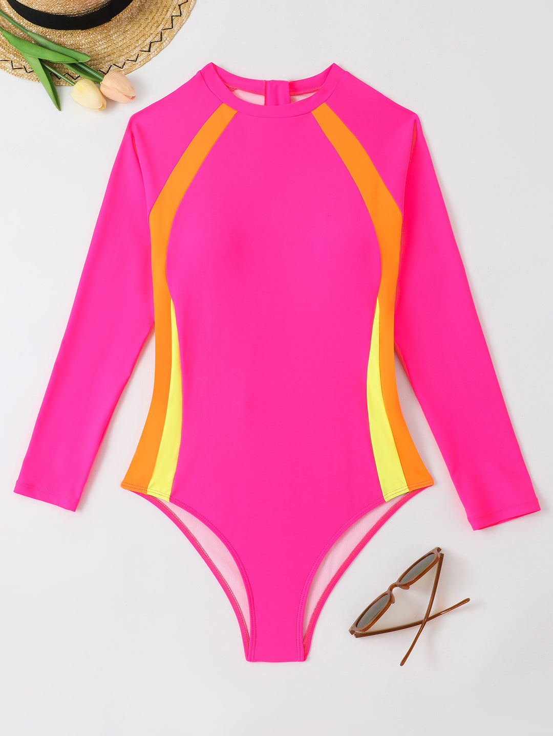 Women's Athletic Long Sleeve Swimsuit with Color Block Design Mune Fashion