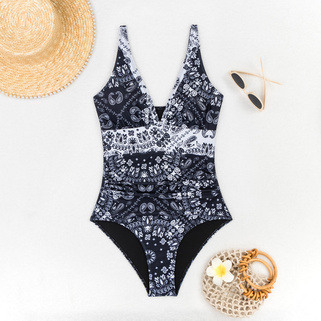 Women's One-Piece Swimsuit with V-Neck and Decorative Patterns Mune Fashion
