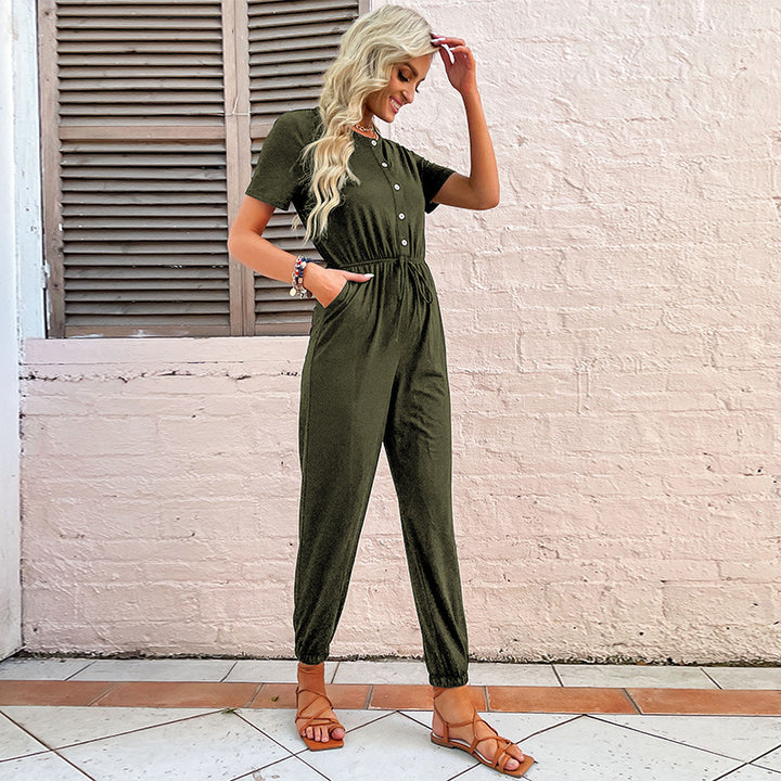Women's Relaxed Short Sleeve Jumpsuit with Button Placket, Drawstring Waist and Elastic Ankle Cuffs Mune Fashion