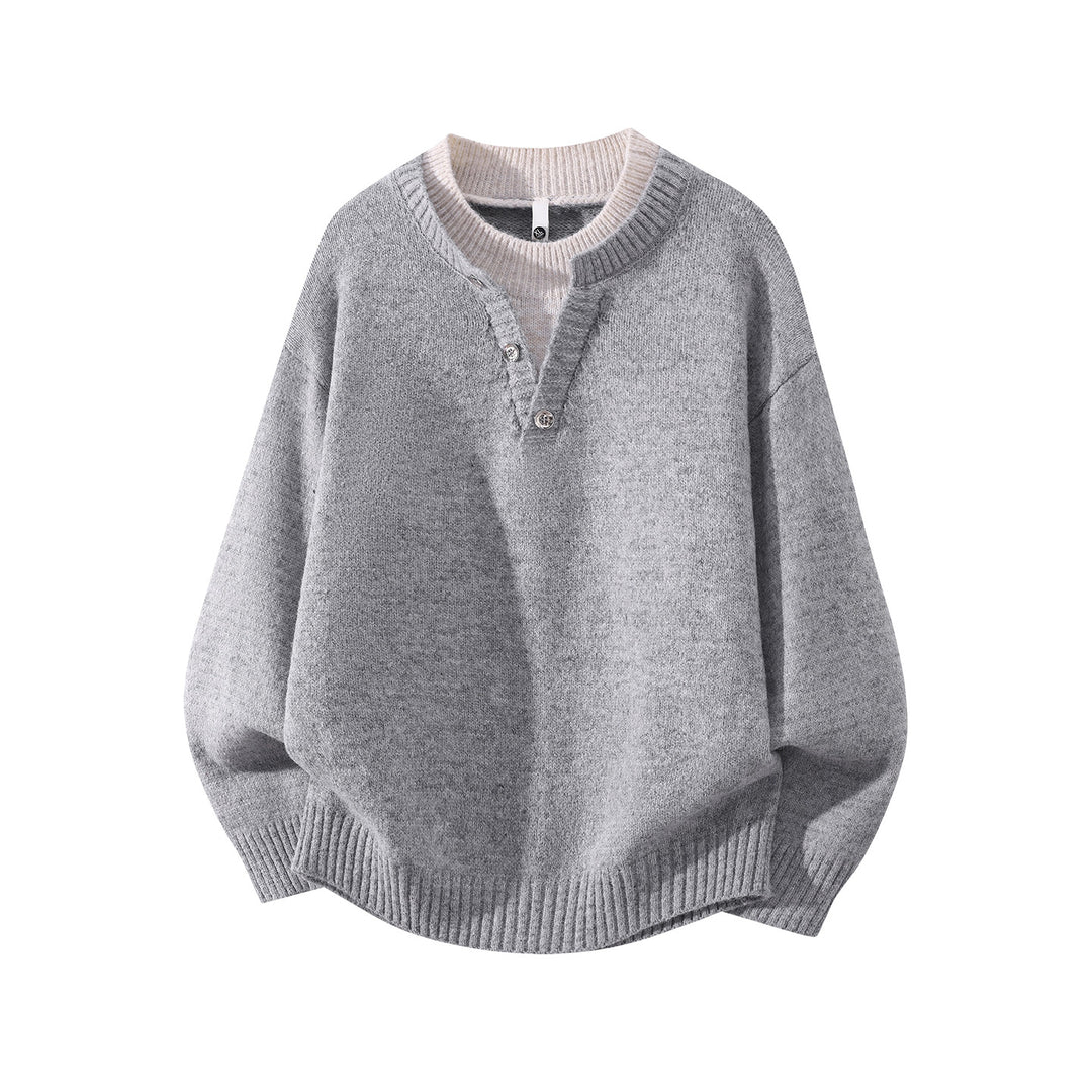 Women’s Oversized Knit Sweater with Henley Half Button Collar and Ribbed Hem Mune Fashion