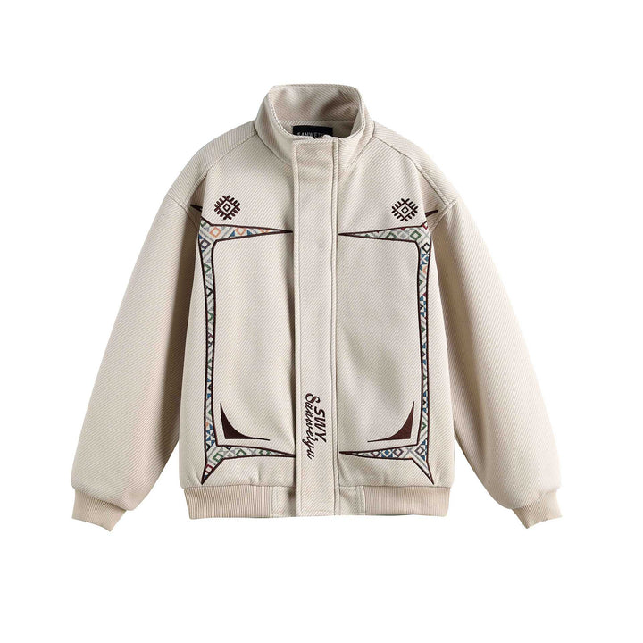 Women Lightweight Stand Collar Jacket with Folk Embroidery Appliqués and Ribbed Cuffs Mune Fashion