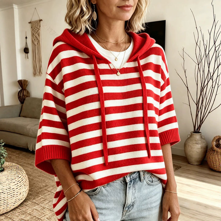 Women Casual Striped Hooded Poncho made of Soft Fine Knit with Half-Length Sleeves Mune Fashion