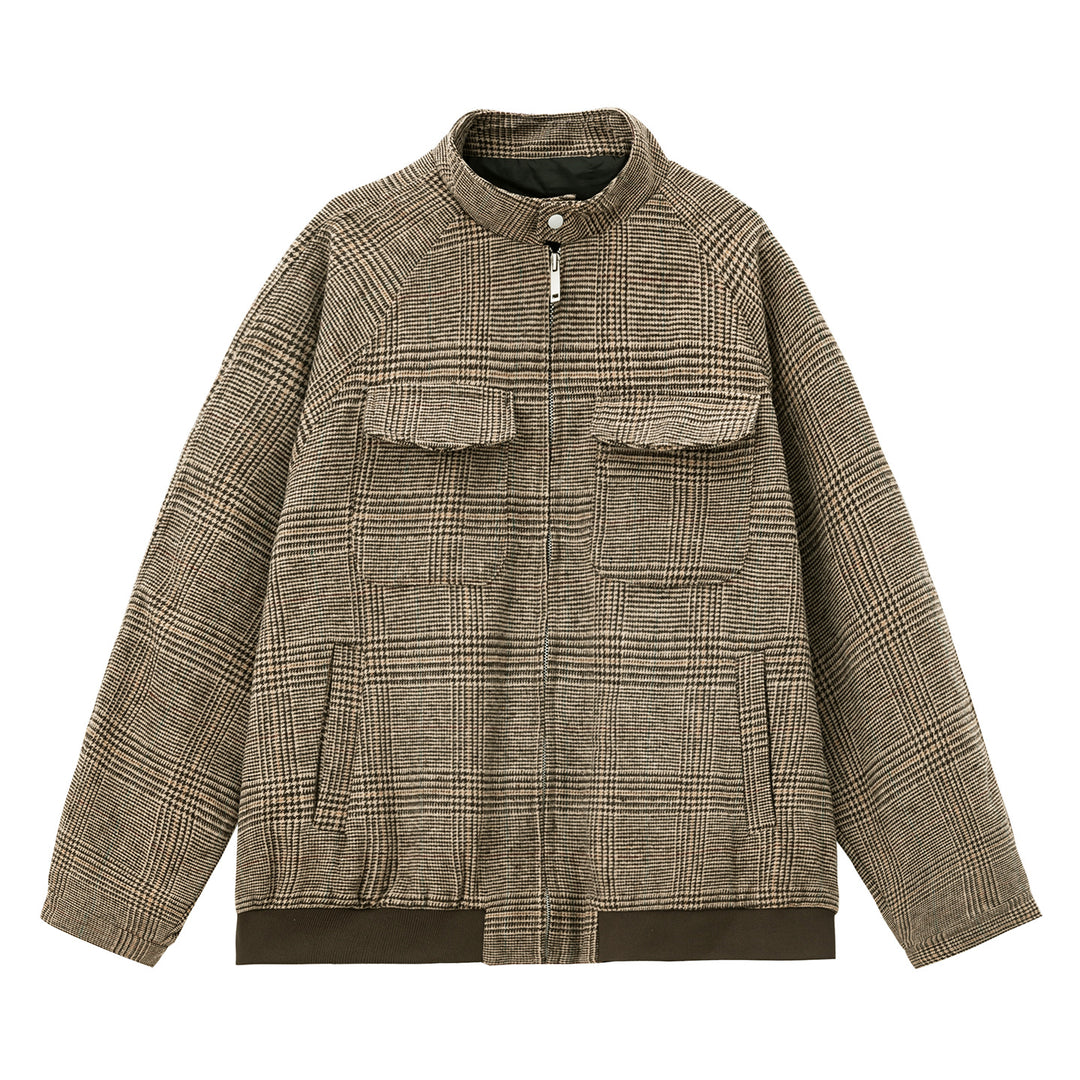 Unisex Checked Utility Shirt Jacket with Stand Collar, Chest Pockets and Zipper Mune Fashion