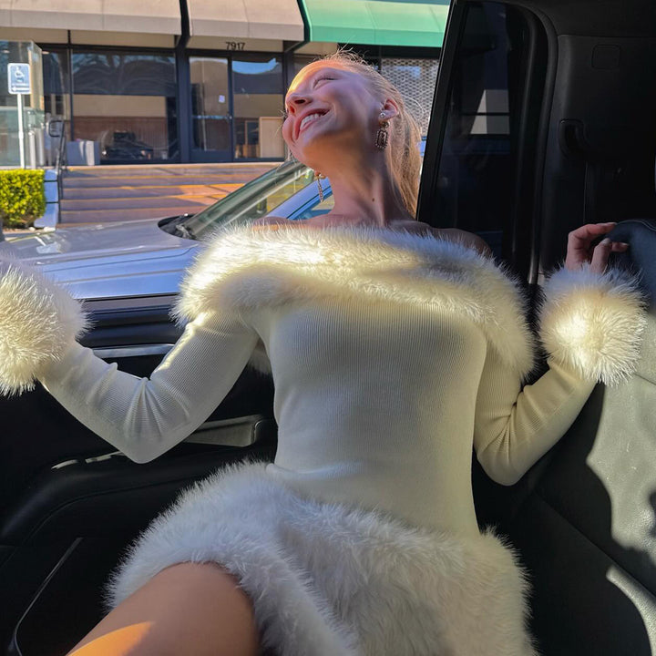 Women's figure-hugging off-shoulder mini dress with long sleeves and luxurious faux fur trim Mune Fashion