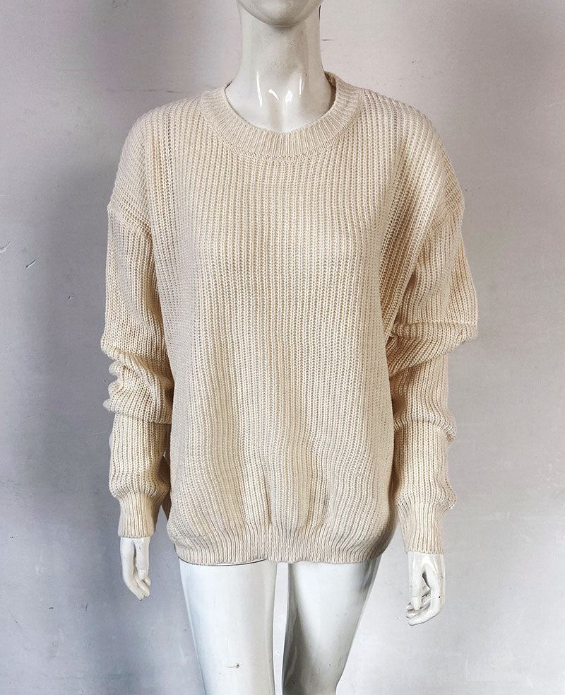 Damen Oversize Strickpullover mit Rundhalsausschnitt und gerippten Bündchen Drune