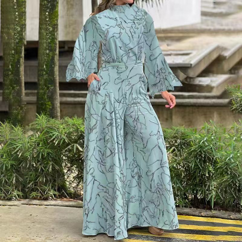 Women's Elegant Longline Jumpsuit with Stand Collar, Balloon Sleeves and Side Pockets