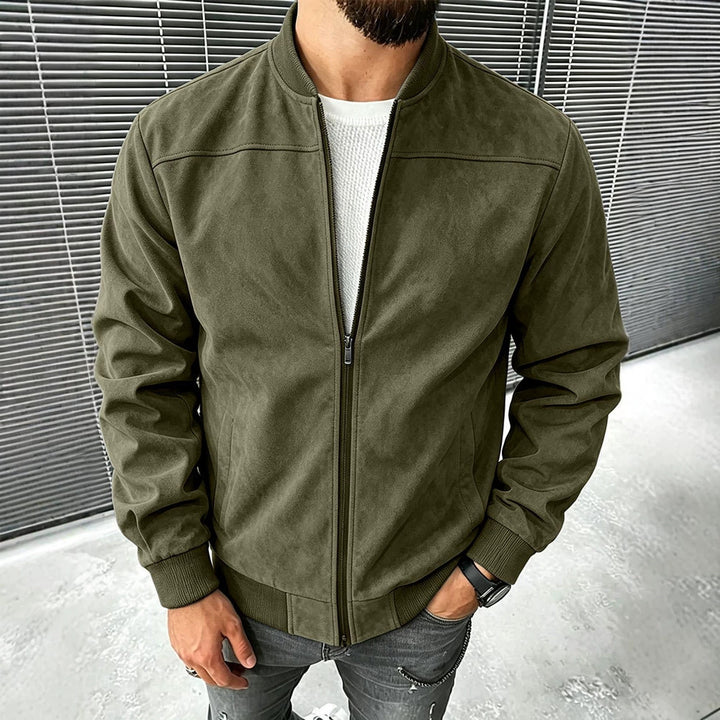 Men's Suede-Like Bomber Jacket with Zipper and Ribbed Cuffs Mune Fashion