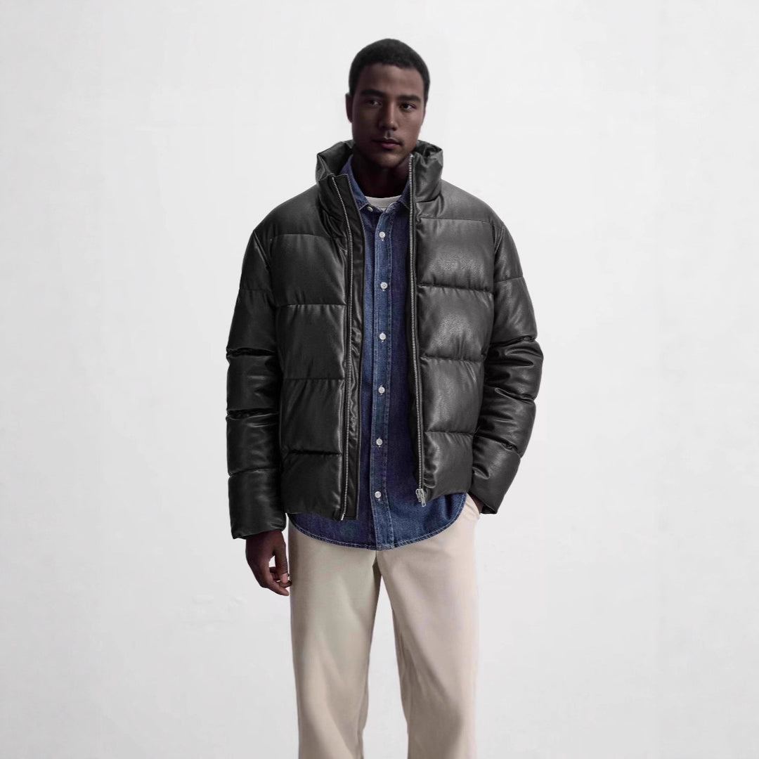Men Padded Leather-Look Quilted Jacket with High Stand Collar Mune Fashion