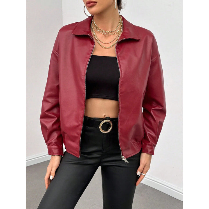 Women Oversized Faux Leather Blouson with Zipper and Shirt Collar Mune Fashion